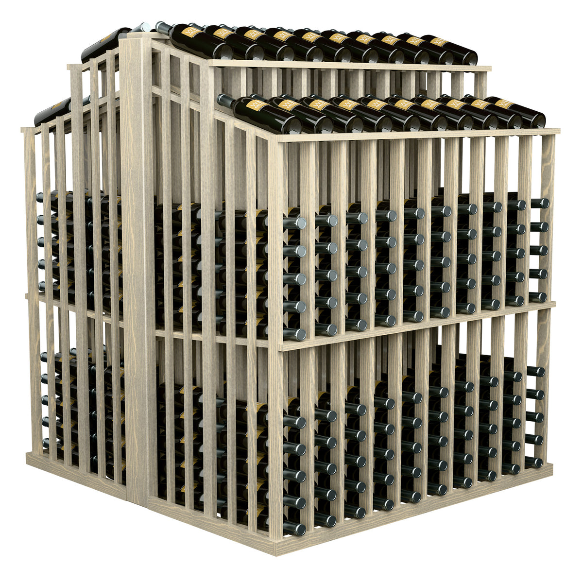 Light wood wine bottle aisle display with front and top double-deep bottle racks