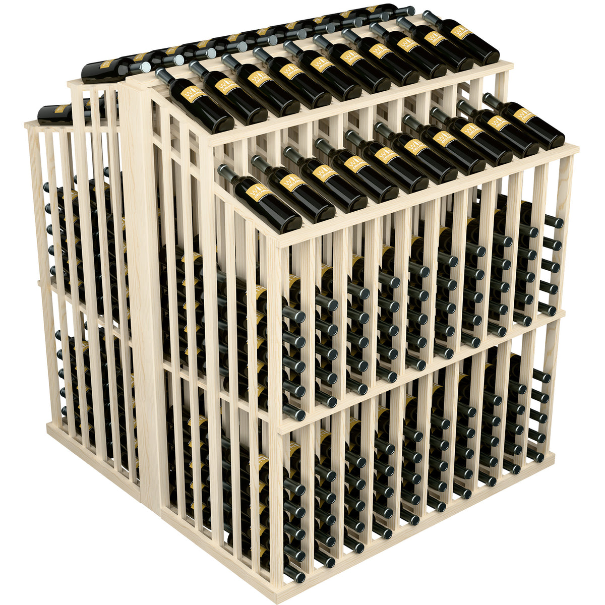 White wine bottle display rack with front bottle holders and two-tier top rows of bottles