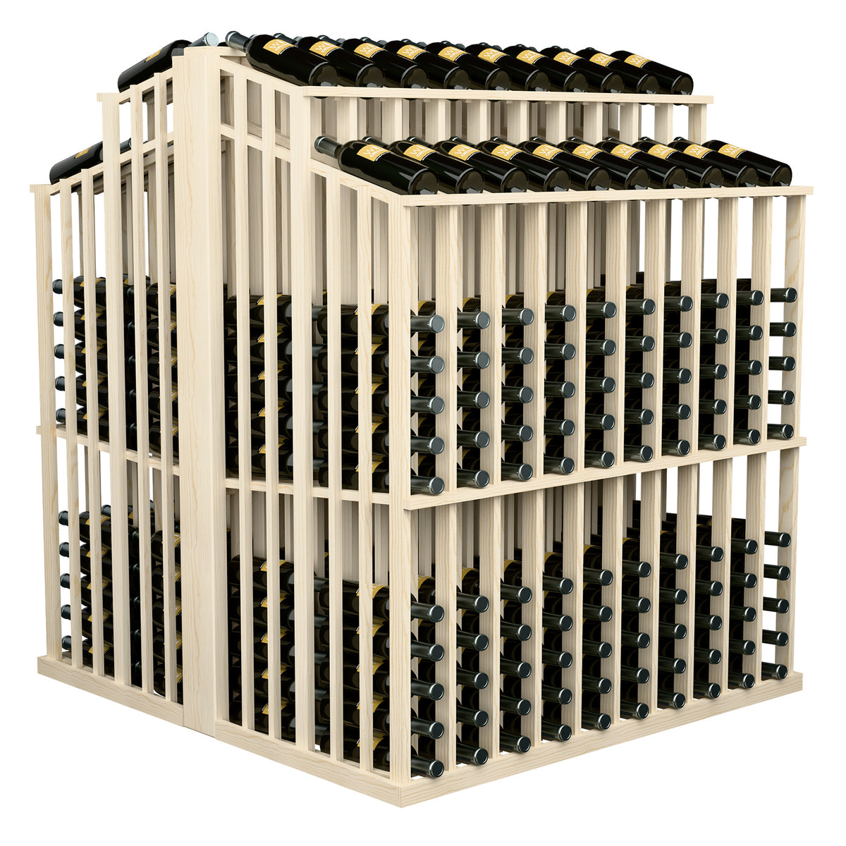 Light wood wine bottle display rack with two tiers holding green bottles
