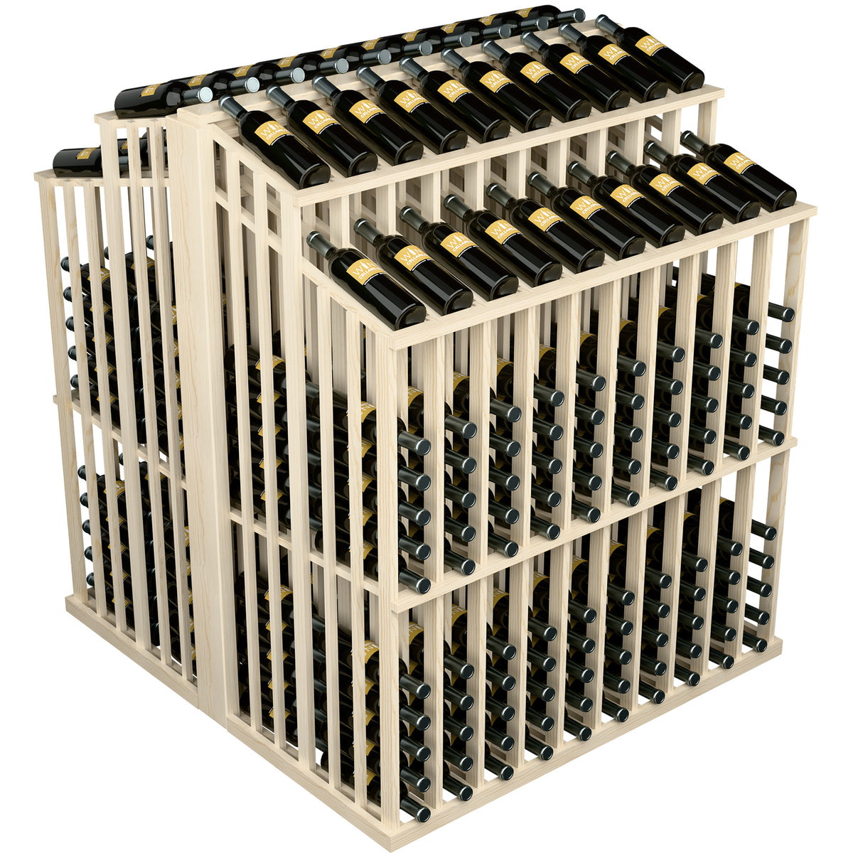 White wood wine bottle aisle display with front and top double-deep bottle racks