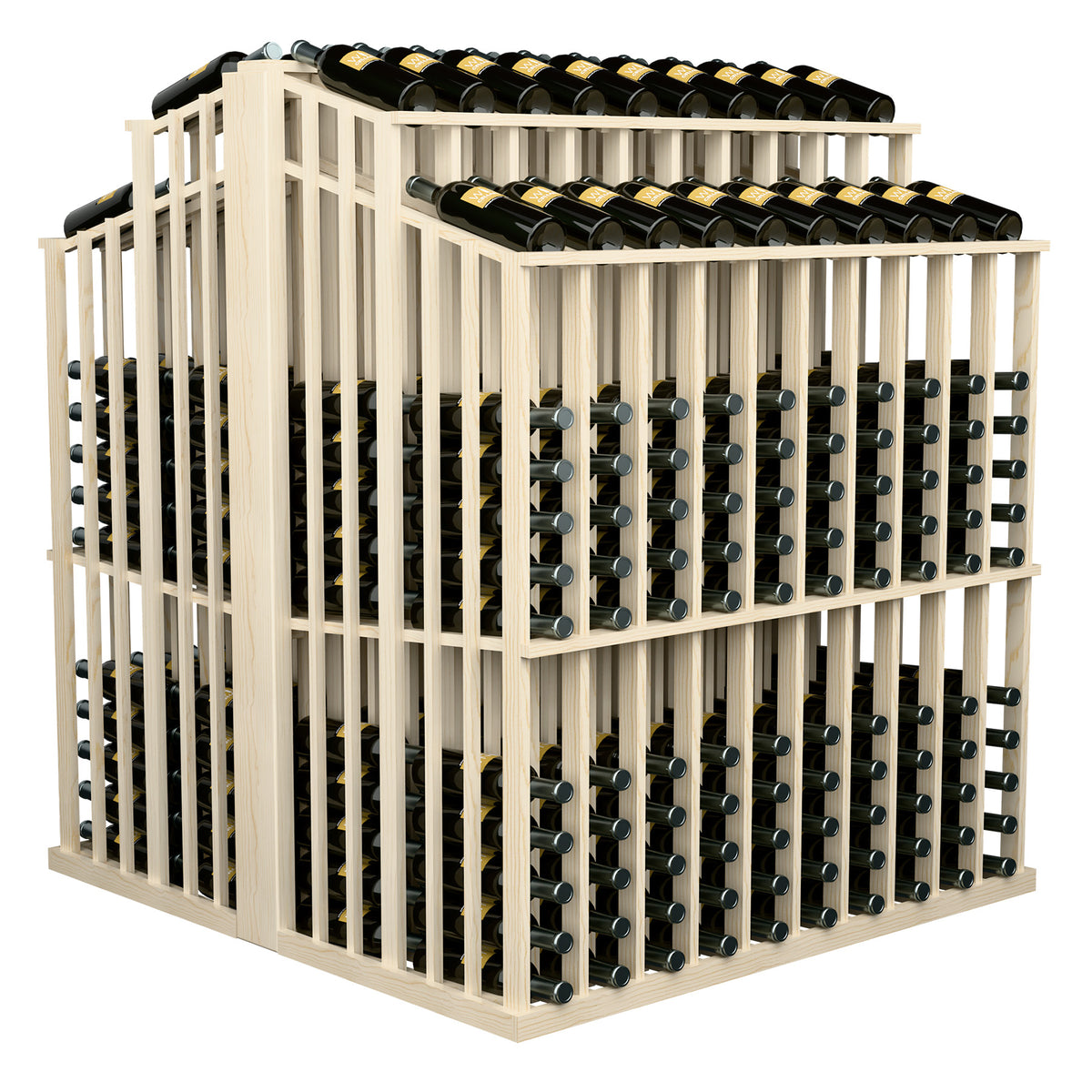 Light wood wine bottle aisle display with front and top double-deep bottle racks