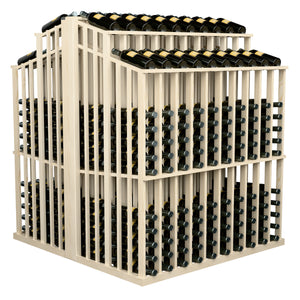 Light wood wine bottle aisle display with front and top double-deep bottle racks