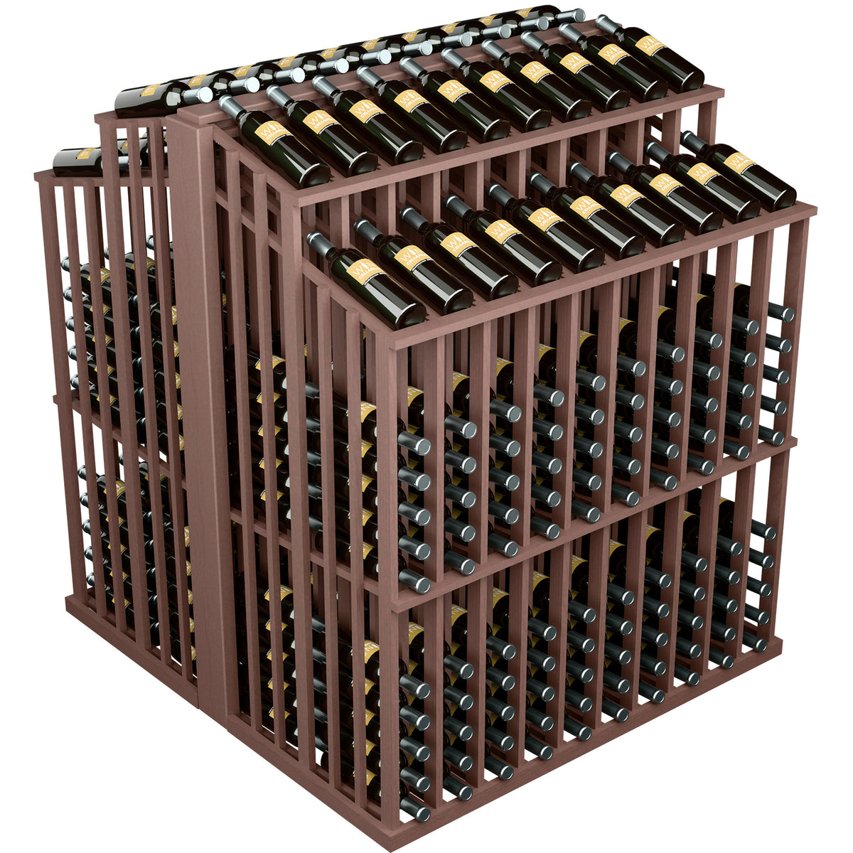 Dark brown wine bottle aisle display rack with front bottle slots and top bottle rows