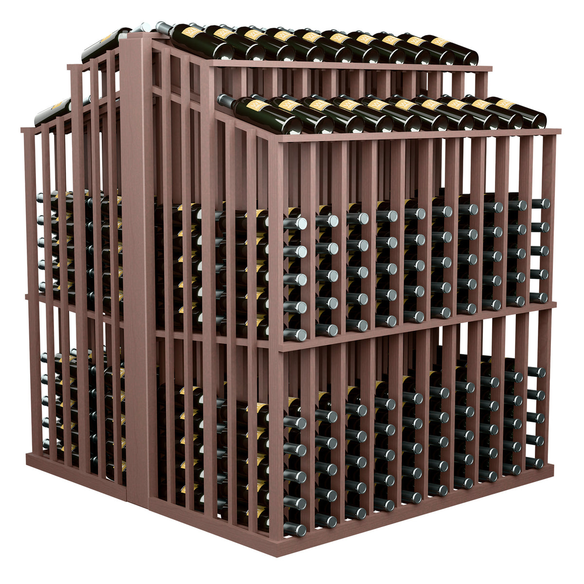 Double-sided wine bottle display rack with bottle rows and brown slat frame