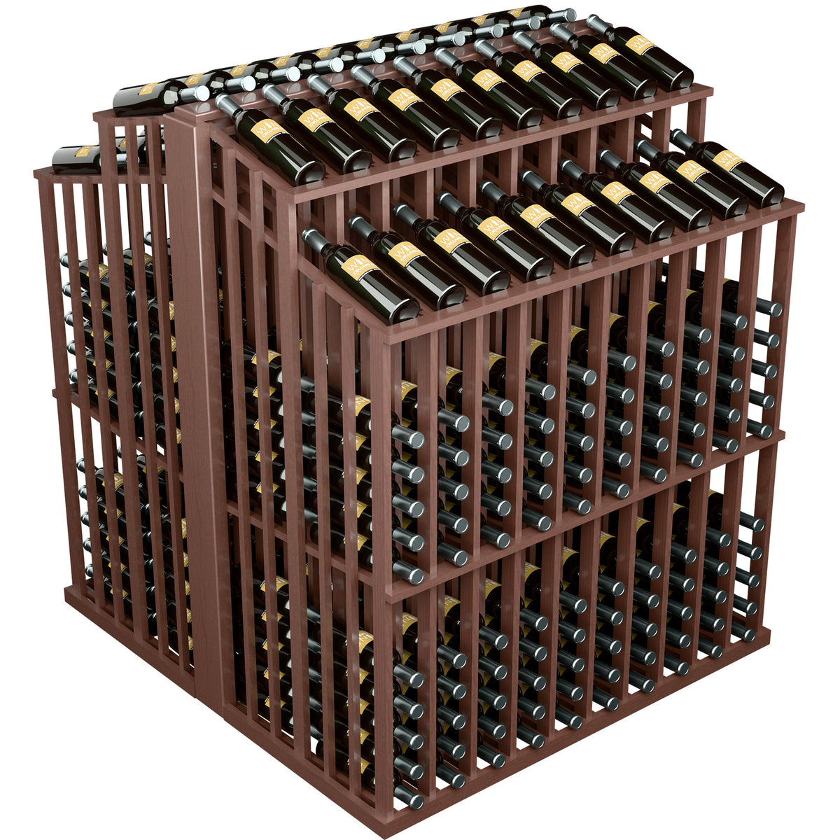 Dark brown wood wine bottle aisle display with front and top double-deep bottle racks