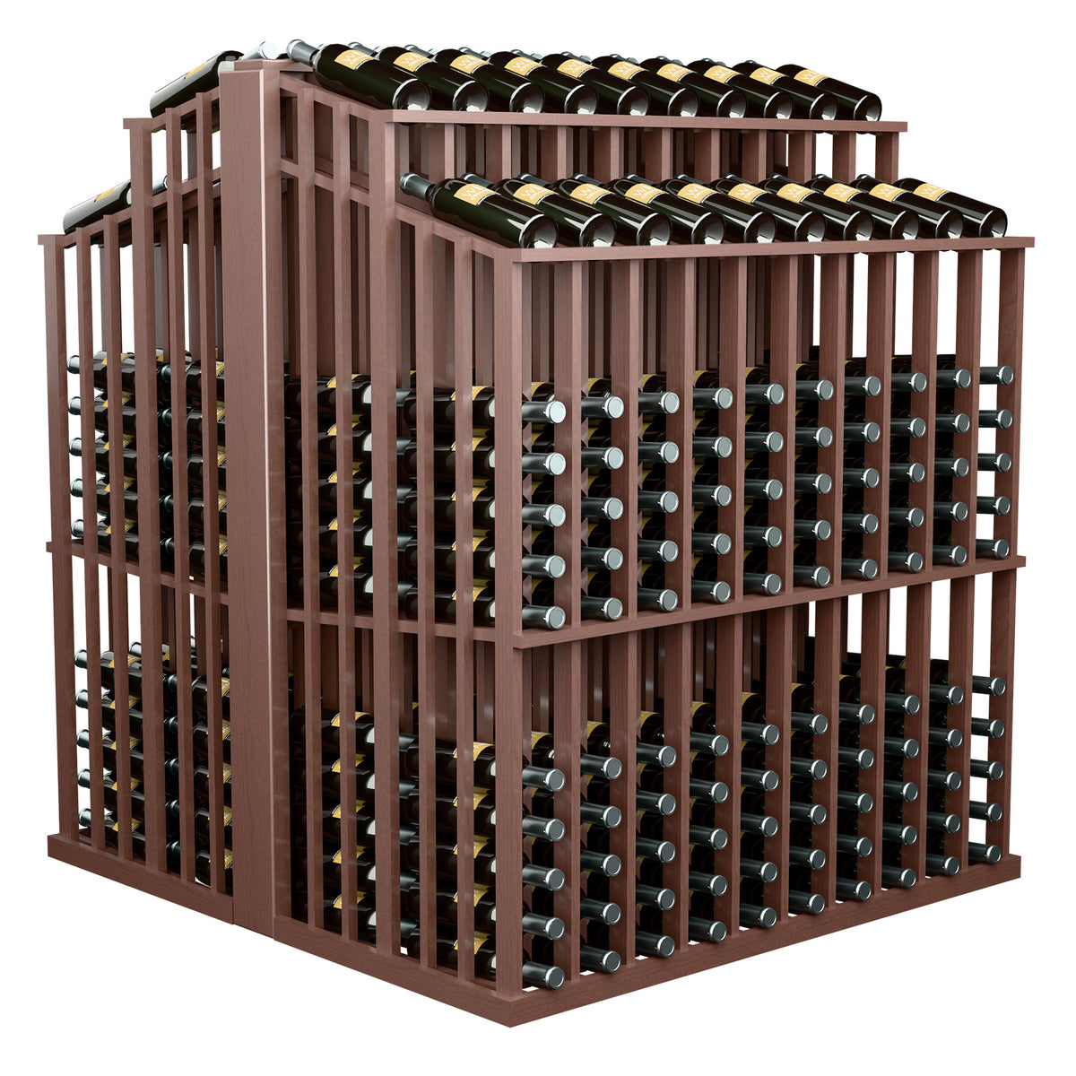 Medium brown wood wine bottle aisle display with front and top double-deep bottle racks