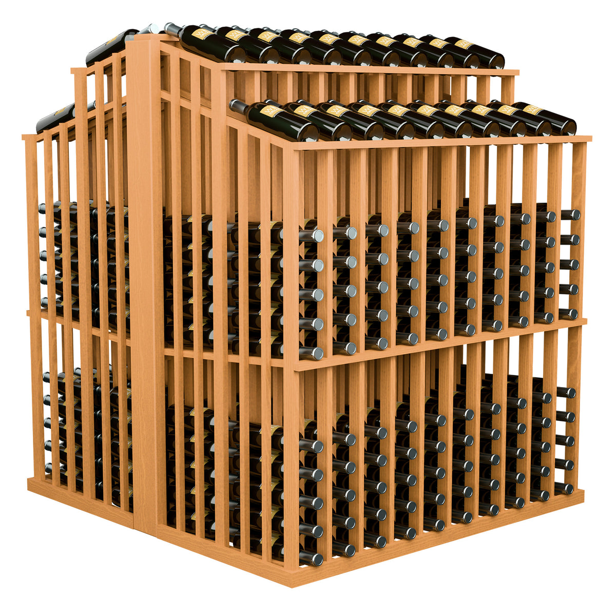 Front corner view of bottle display rack with light wood slats and bottle cubbies.