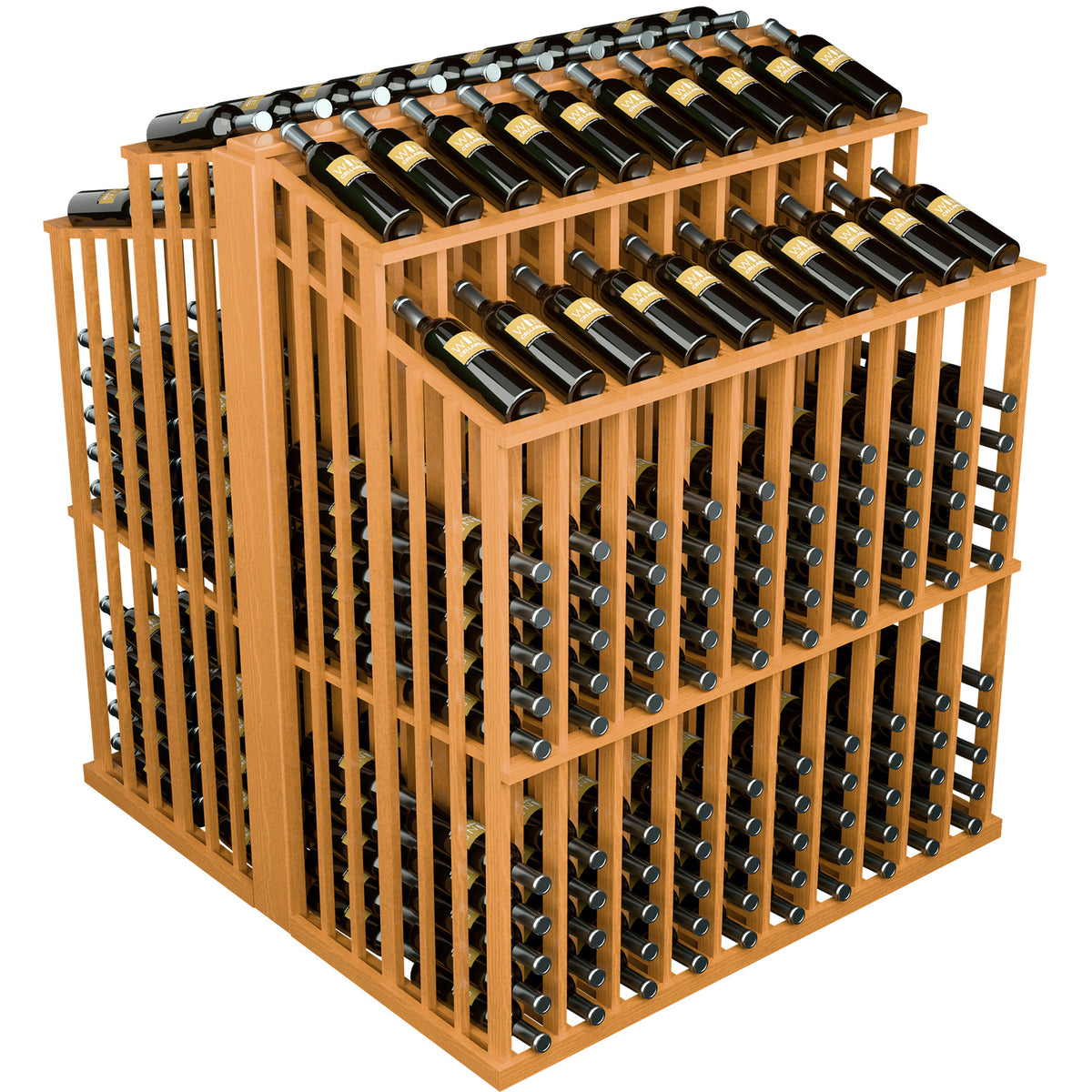 Natural wood wine bottle aisle display with front and top double-deep bottle racks