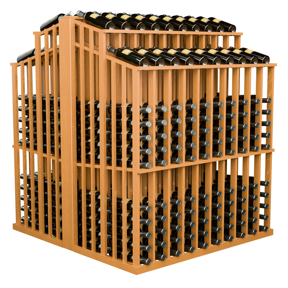 Light tan wood wine bottle aisle display with front and top double-deep bottle racks
