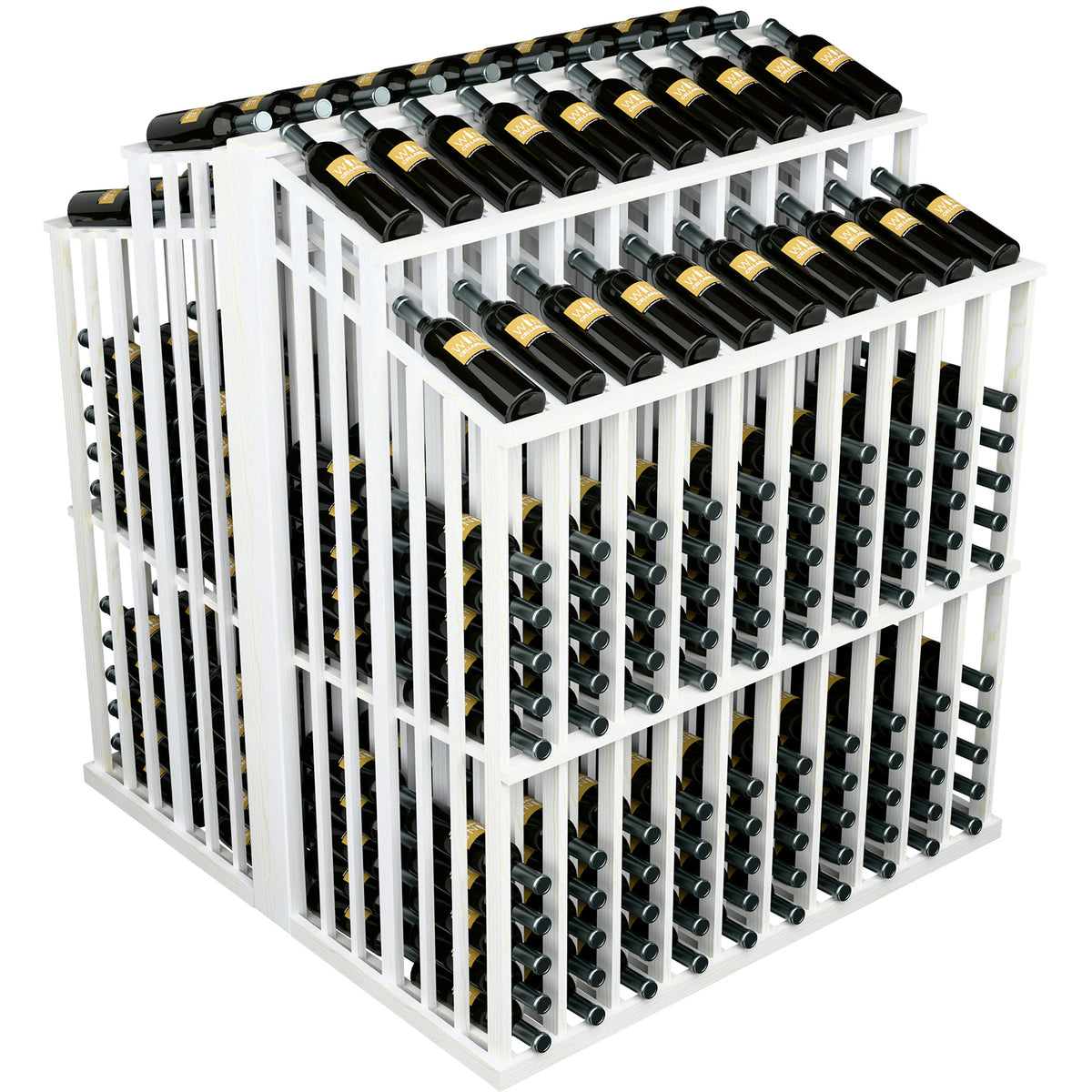 White wine bottle display rack with two tiers of green bottles in holders