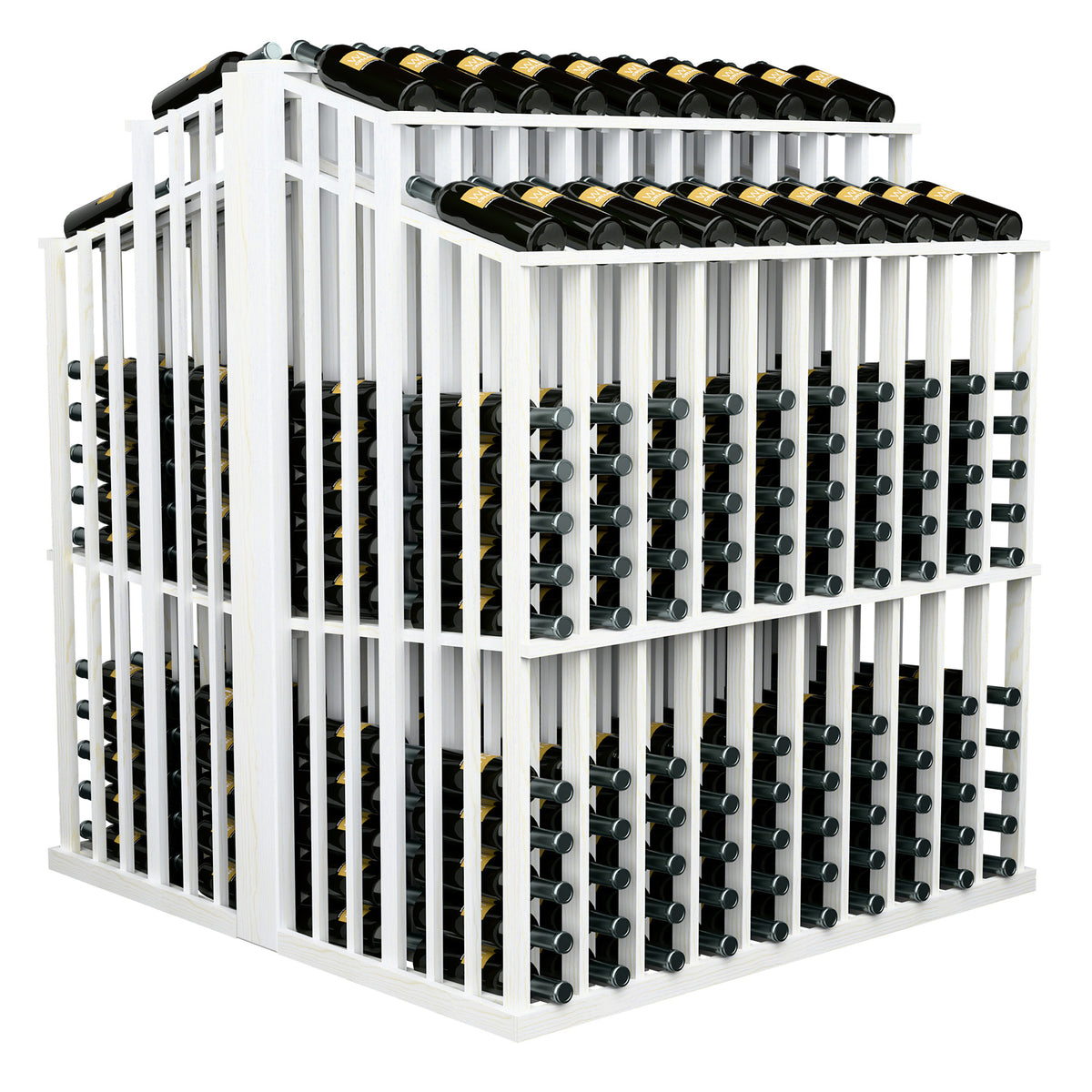 White wine bottle display rack with dark bottles in front and top holders