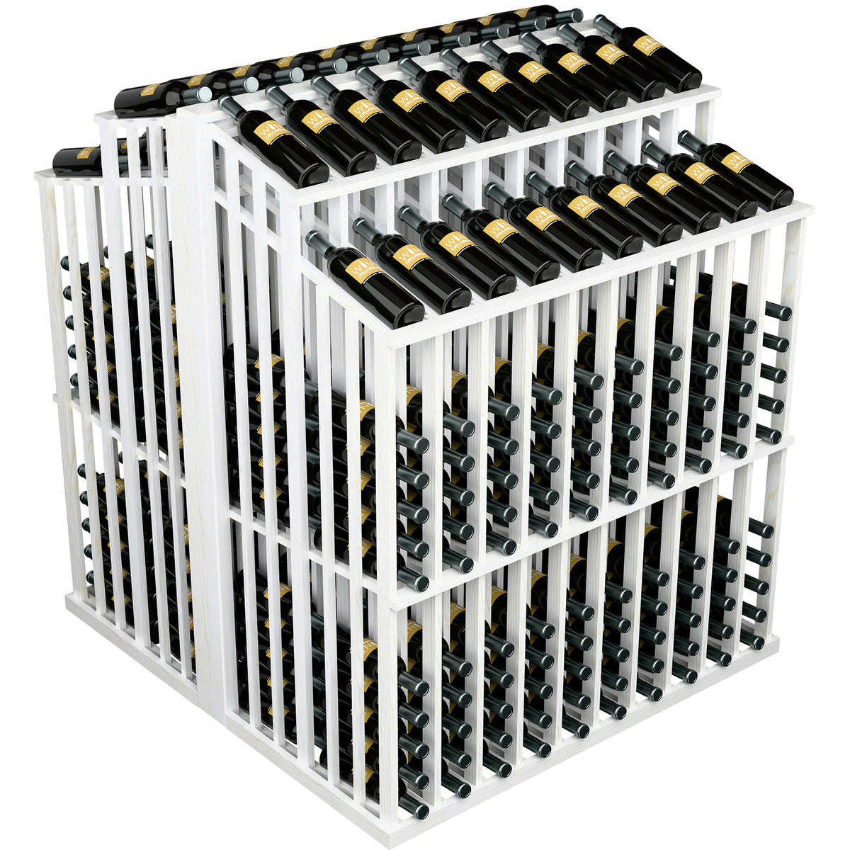 White wood wine bottle aisle display with front and top double-deep bottle racks