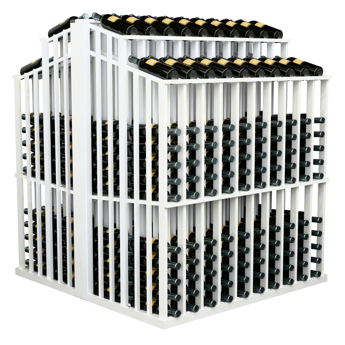 White wood wine bottle aisle display with front and top double-deep bottle racks