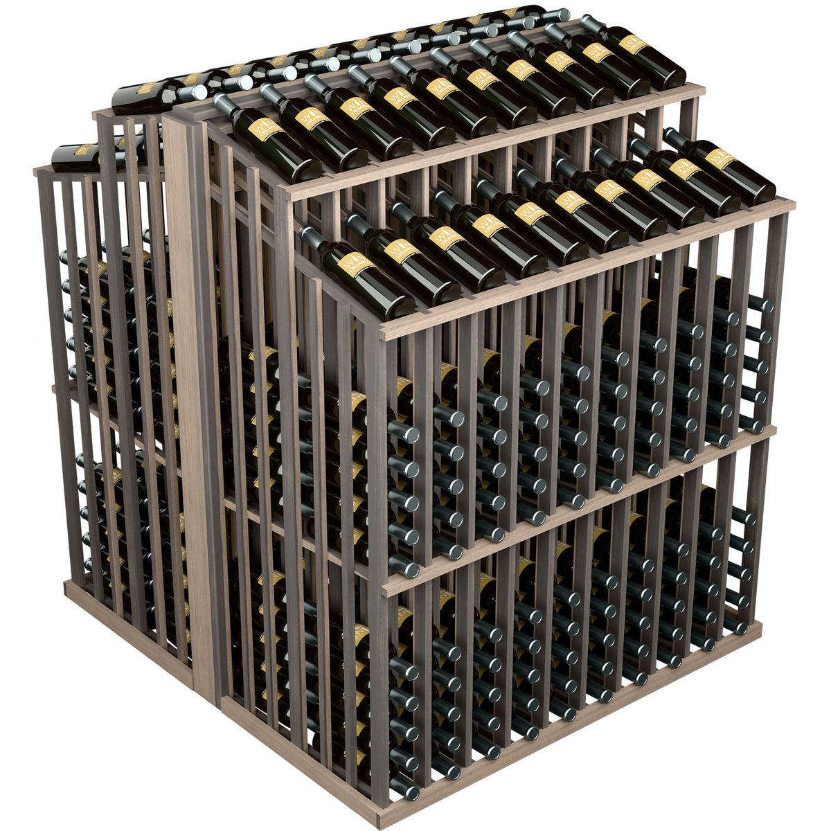 Wine bottle display rack in dark wood with two tiers of front bottle holders and top rows