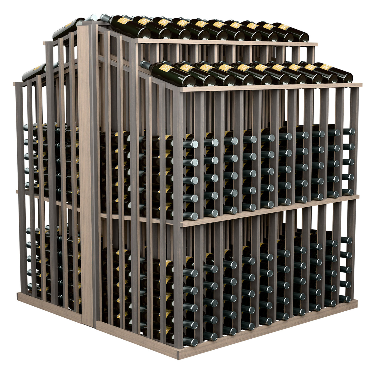 Light gray wine bottle display rack with dark bottles in side and top holders