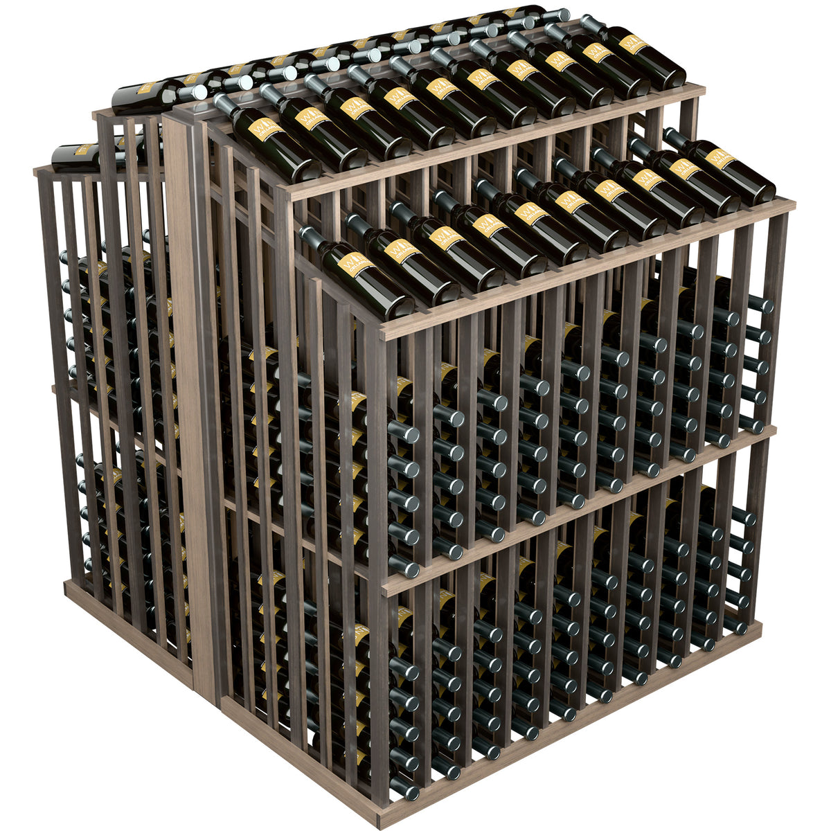 Dark wood wine bottle display rack with cradles for bottles on all sides