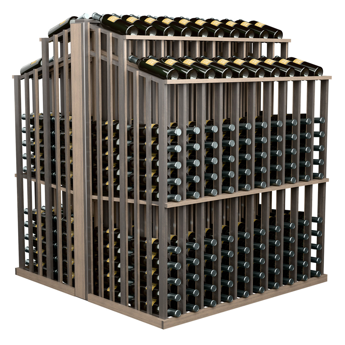 Light wood wine bottle display rack with bottle cradles and two upper bottle rows