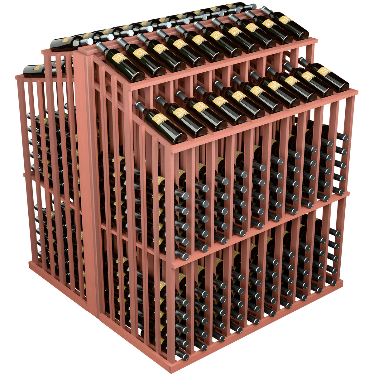 Red-brown wine bottle display rack with two tiers holding green bottles