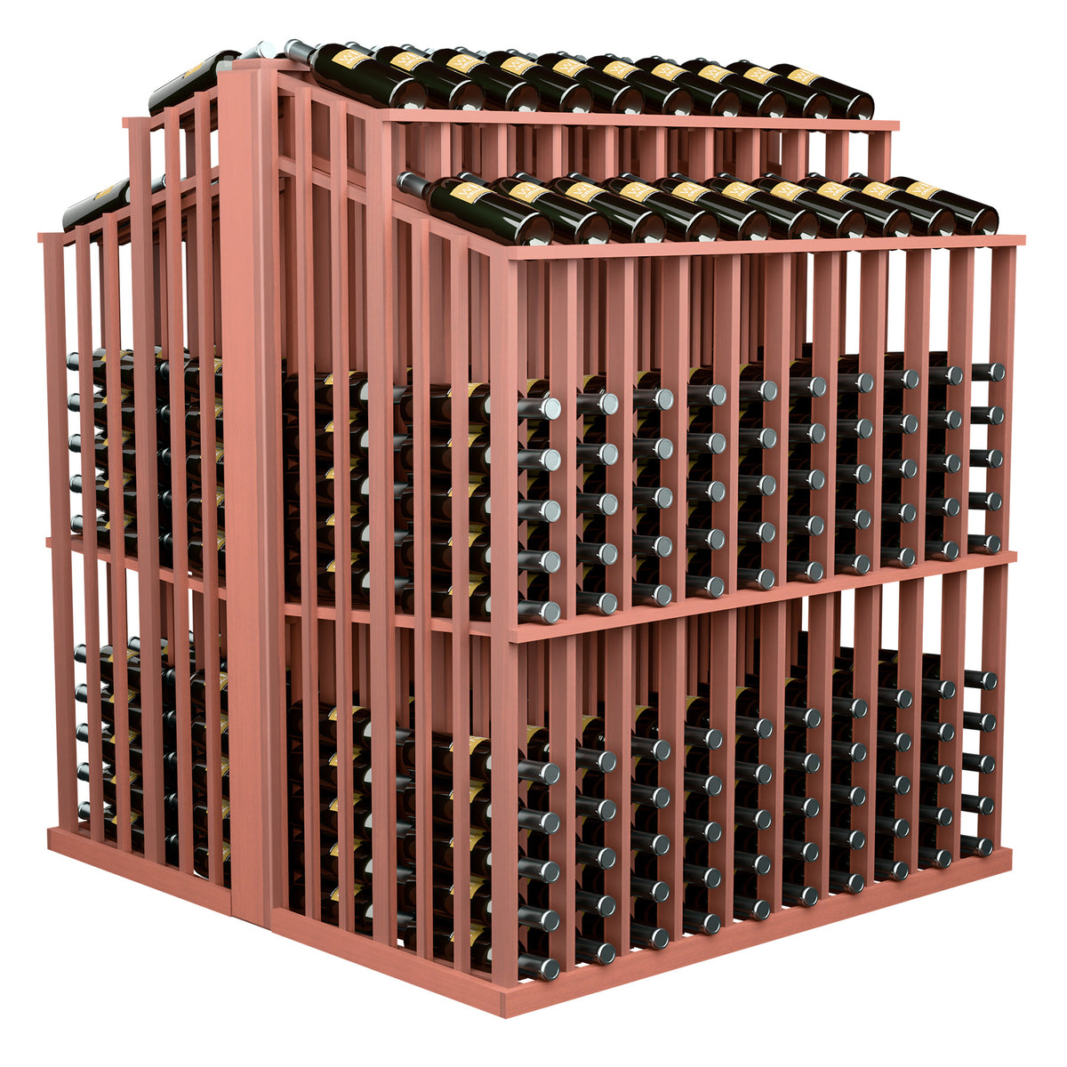 Rosewood-toned wine bottle display rack with dark bottles in front and top rows