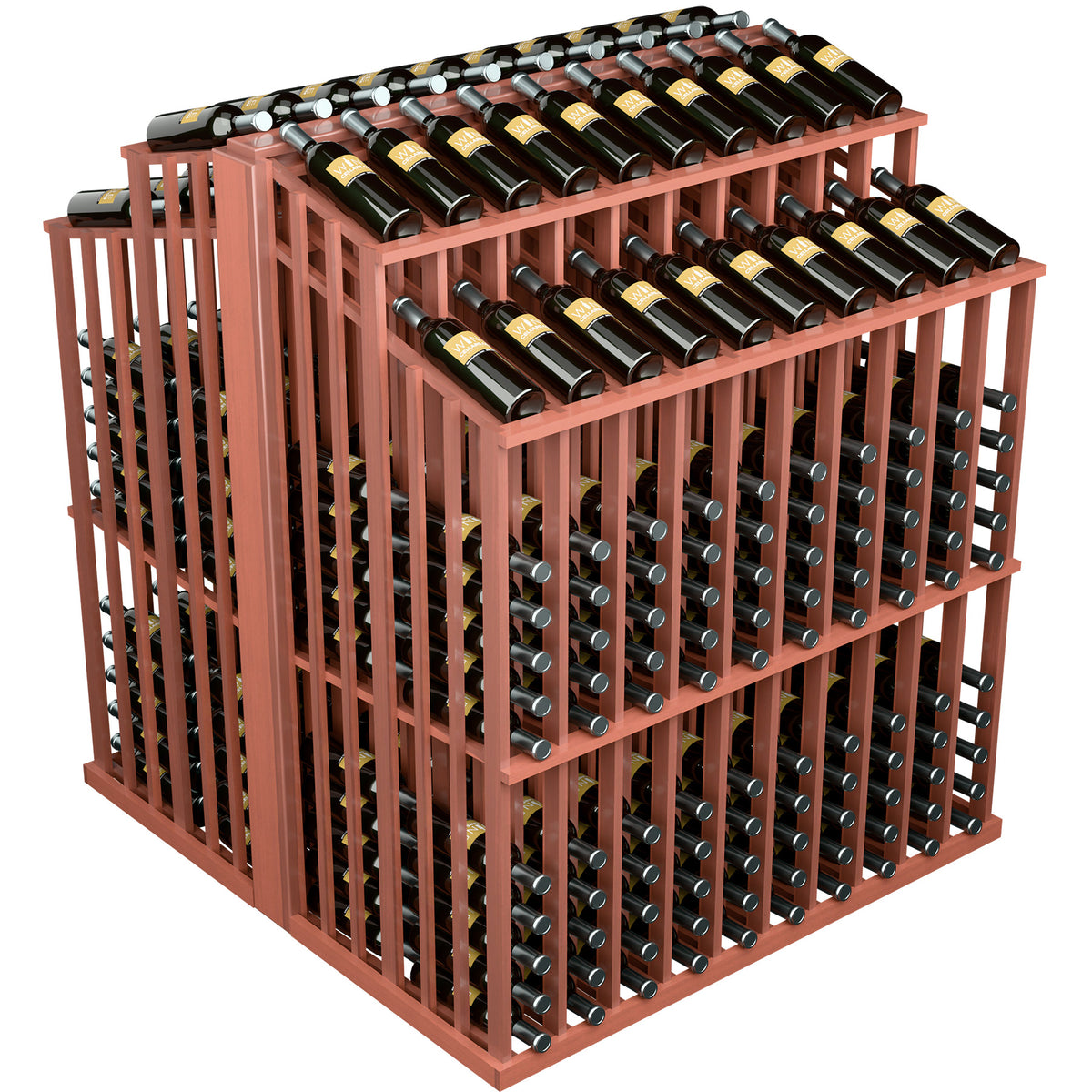 Red wood wine bottle display rack with bottle cradles and neatly lined wine bottles