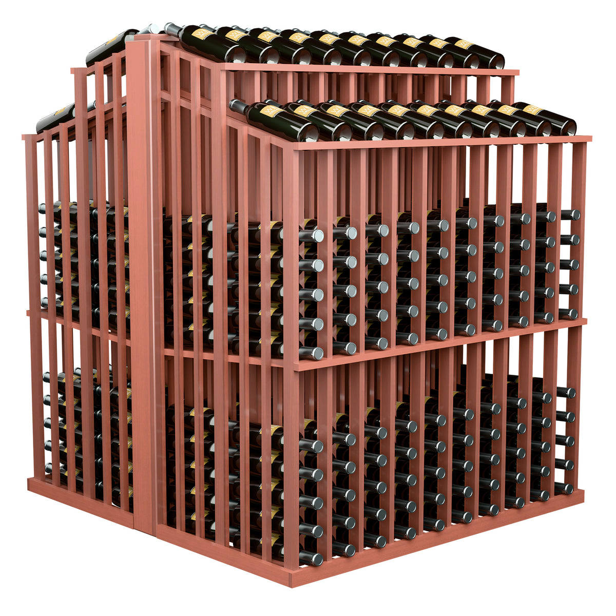 Red wood square wine bottle display rack with bottle cradles across front and side