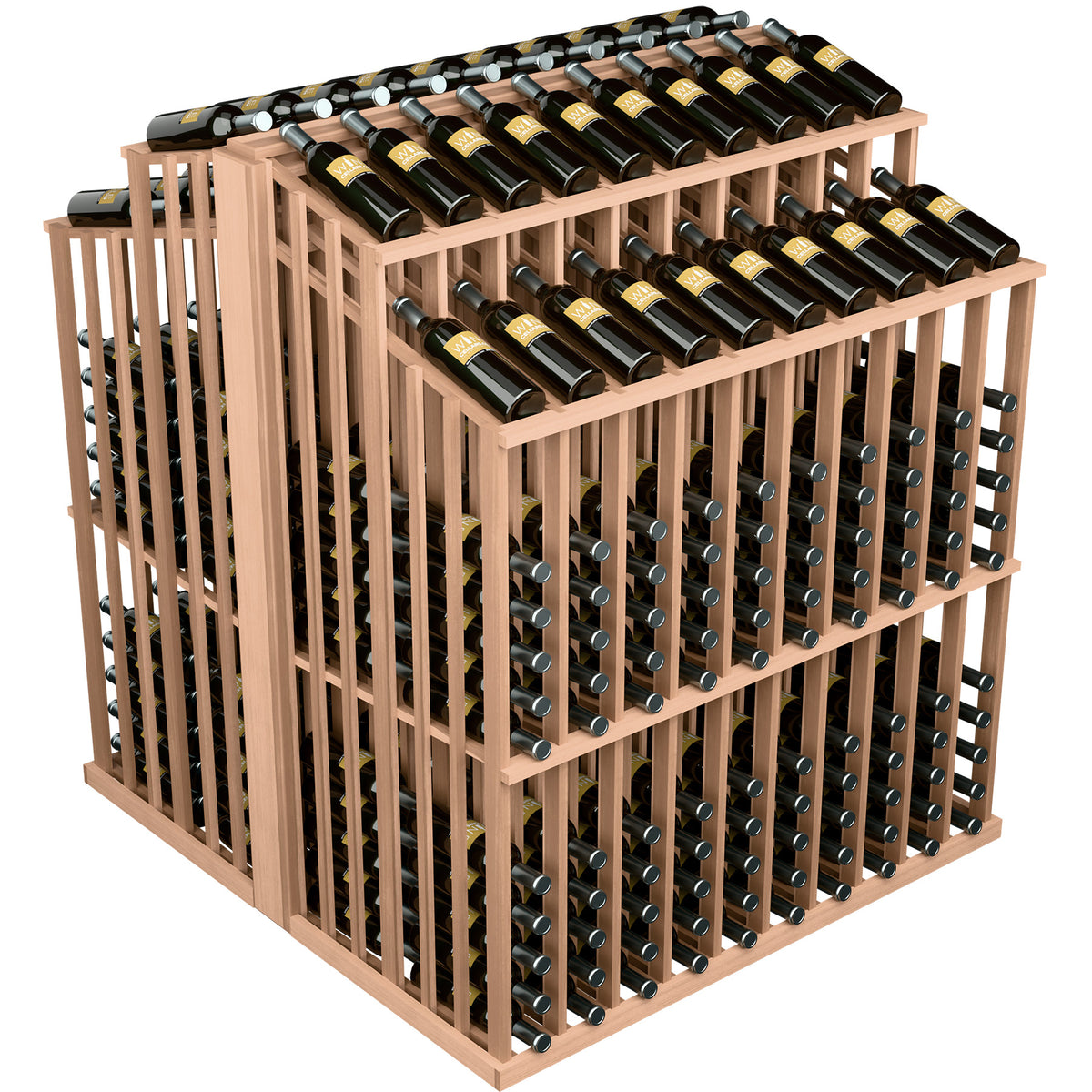 Double-reveal bottle display rack with black bottle rows and light wood slats.