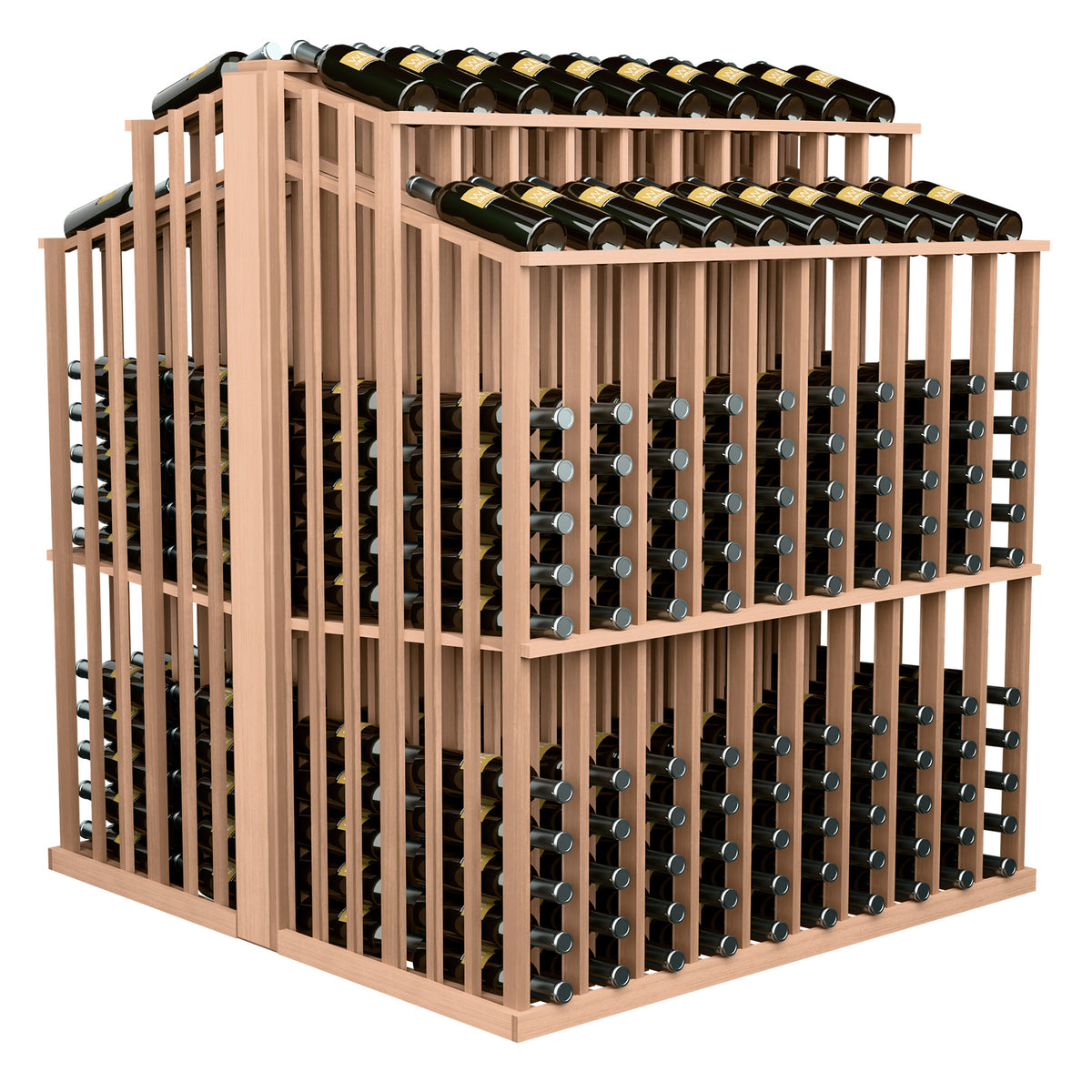 Wine bottle double aisle display with pale wood slats and green bottle racks