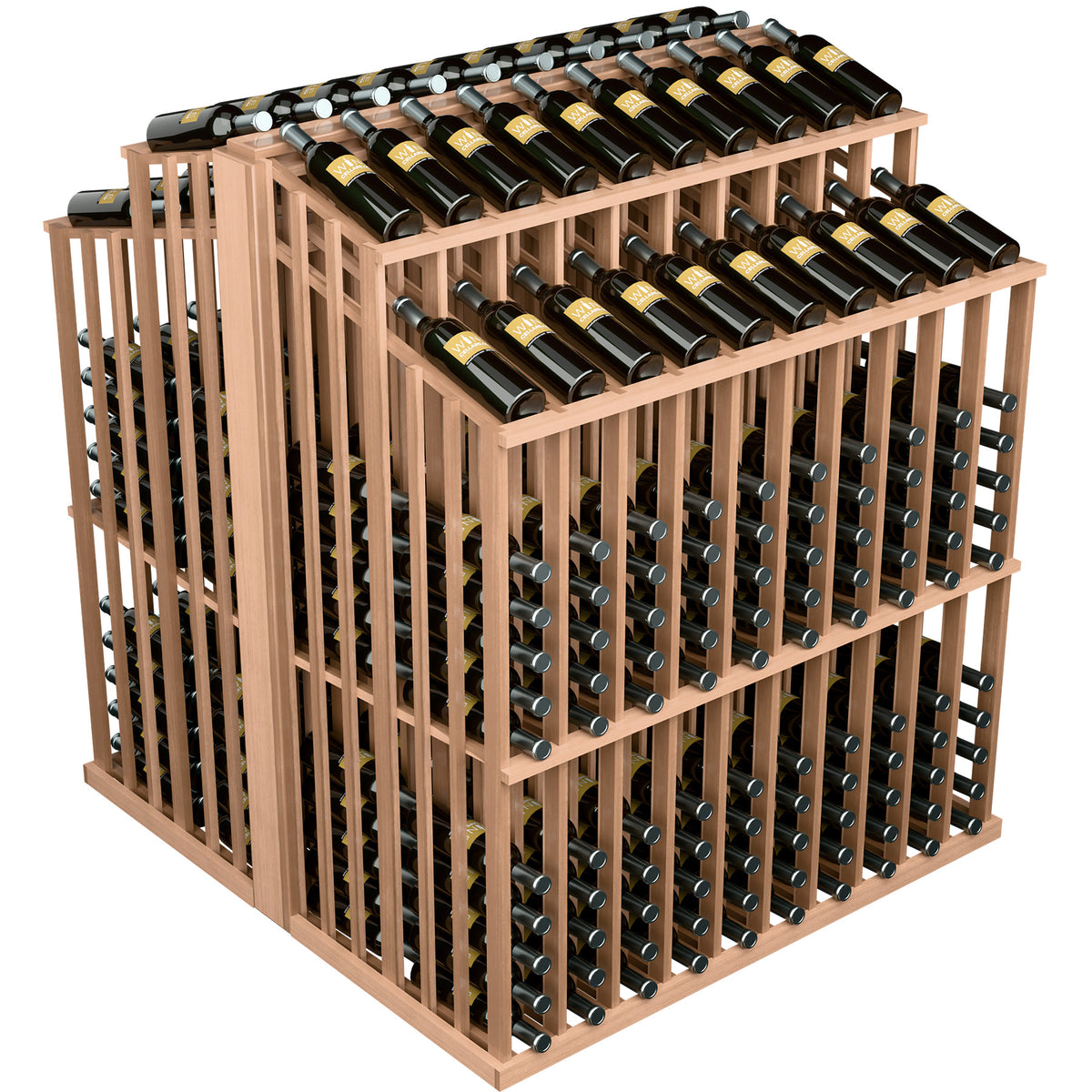 Natural light wood wine bottle display rack with bottle cradles on all four sides