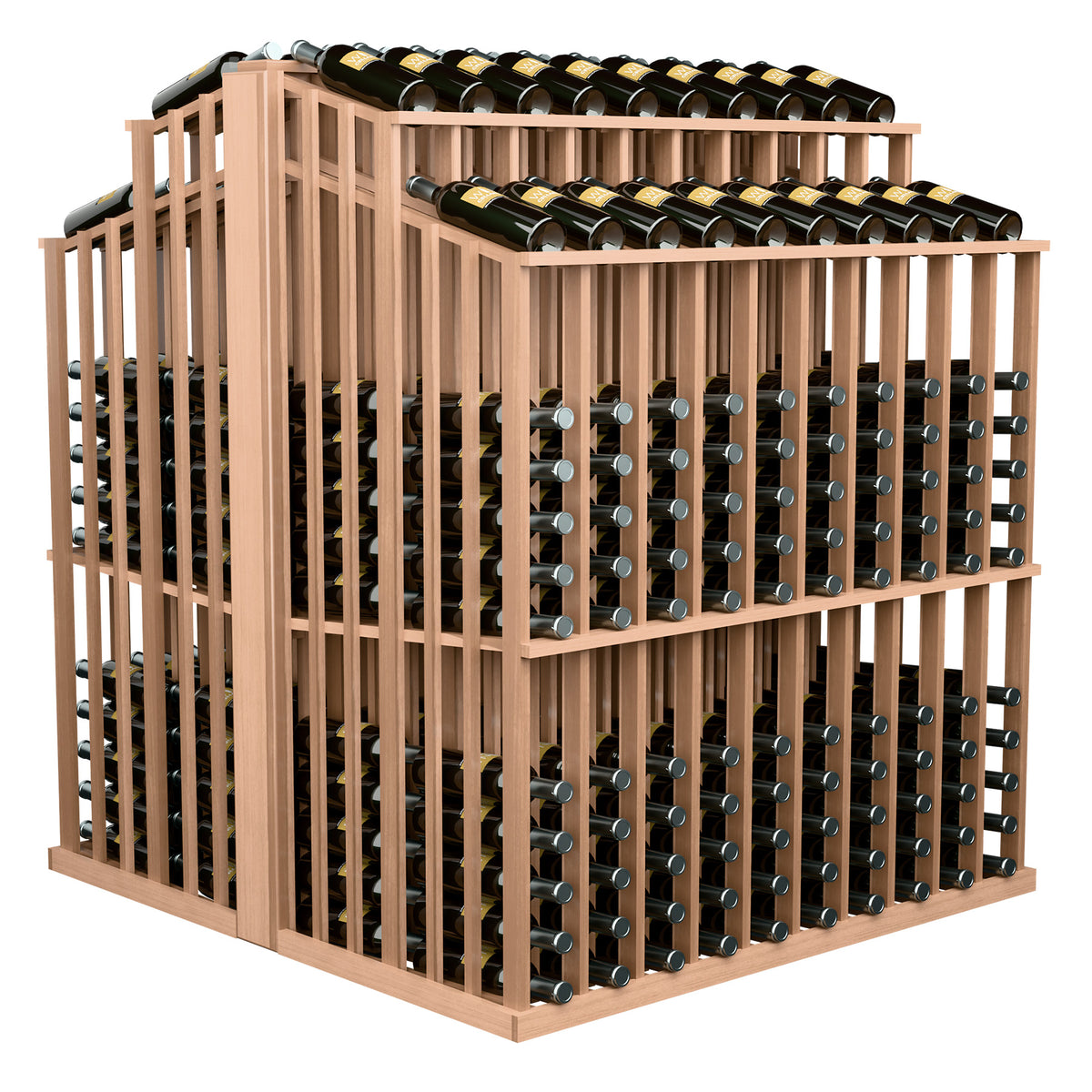 Light wood wine bottle display rack with stacked bottle rows and front bottle cradles
