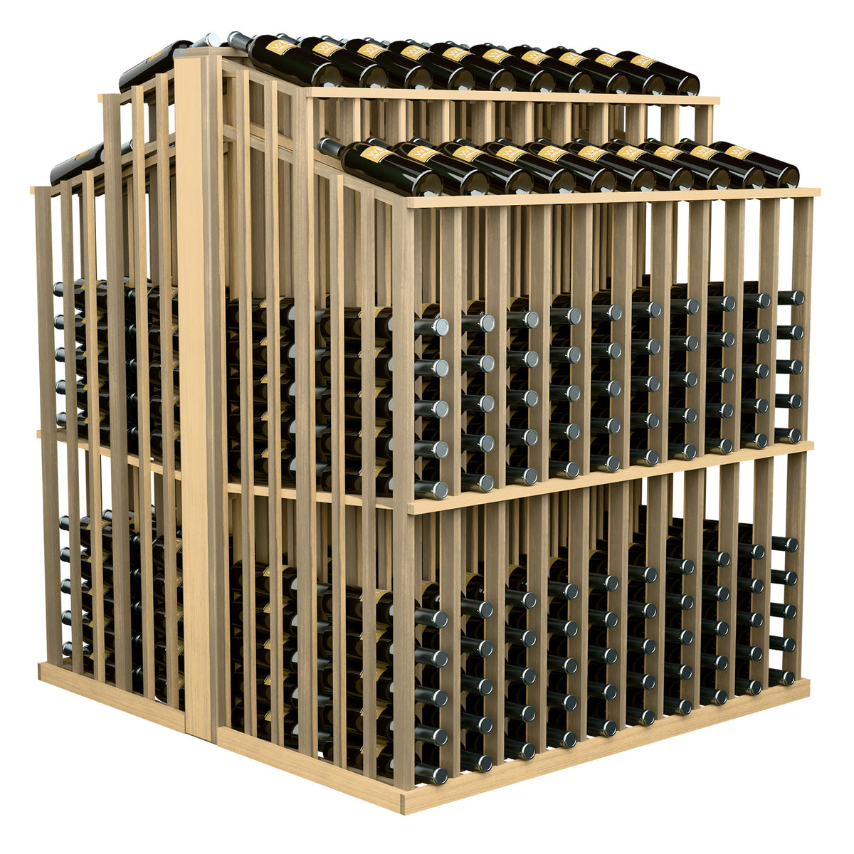 Light wood wine bottle display rack with bottle slots and two top rows