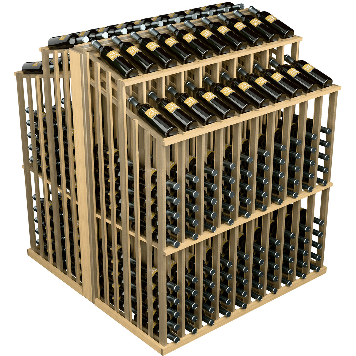Light wood wine bottle display rack with top and middle bottle cradles visible