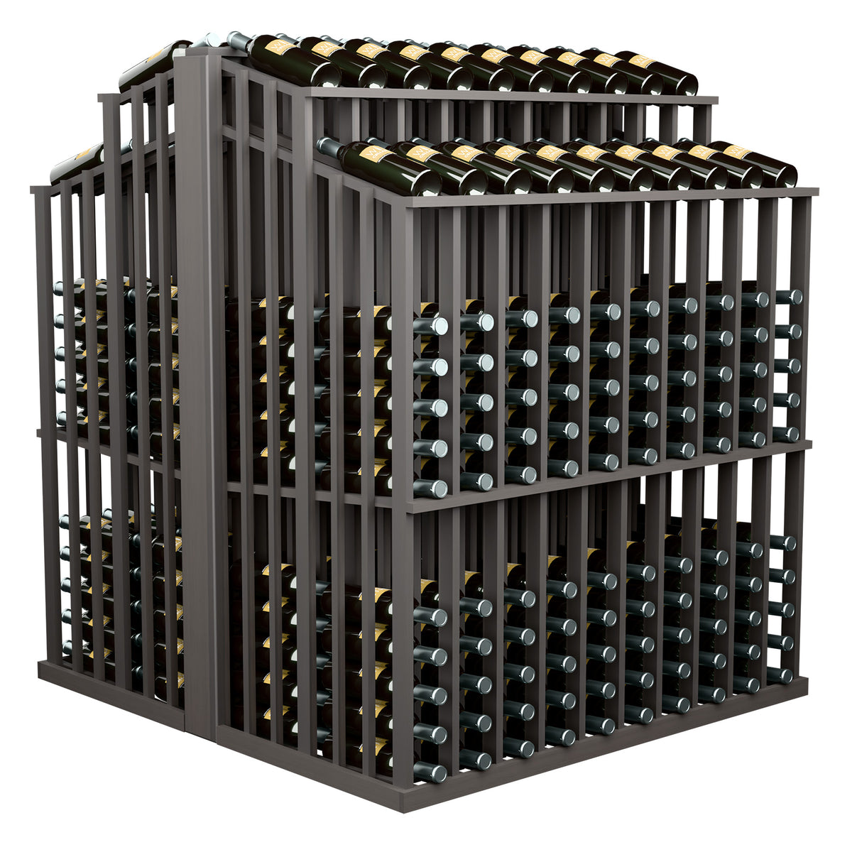 Double-sided wine bottle display rack with rows of green-capped bottles and dark slats