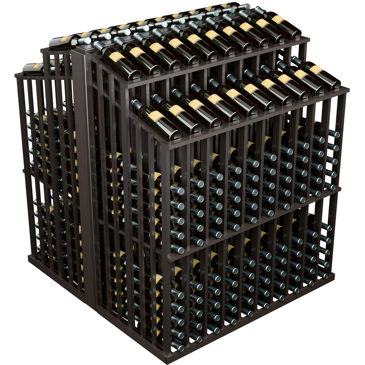 Black-stained wood wine bottle display rack with bottle cradles on all sides
