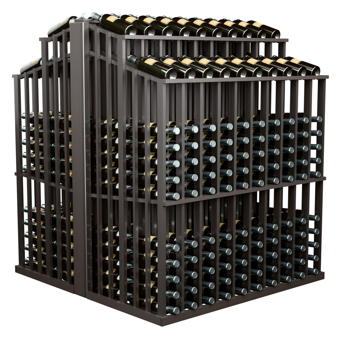 Dark wood wine bottle display rack with bottle cradles and two top bottle rows