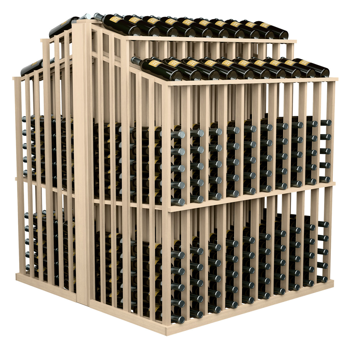 Light wood wine bottle display rack with dark bottles in front row holders