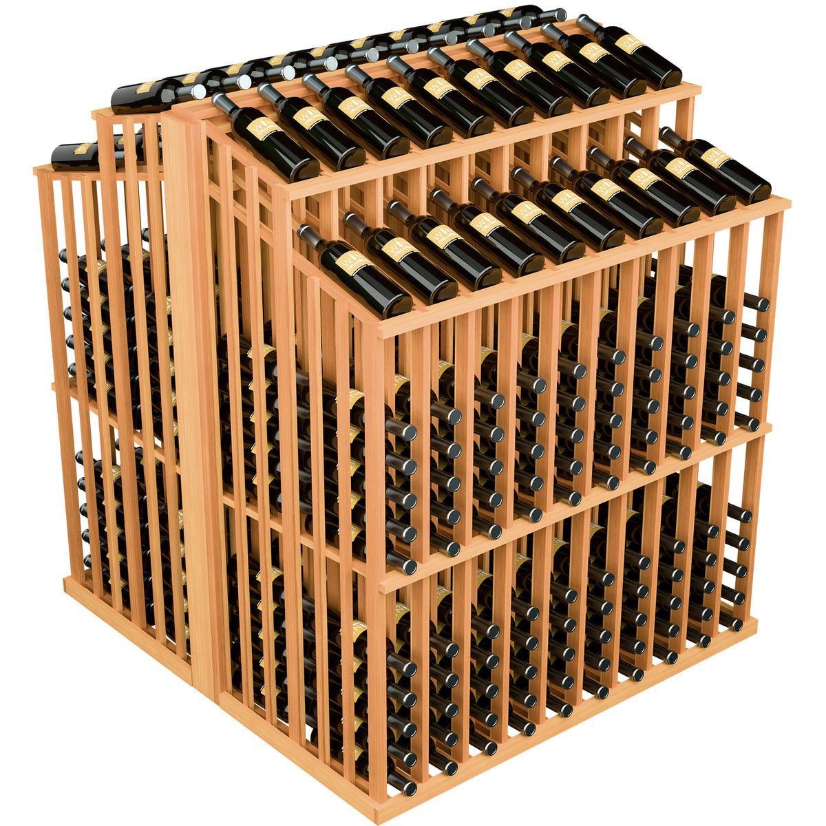 Double-deck bottle display rack with black bottles and light wood lattice sides.