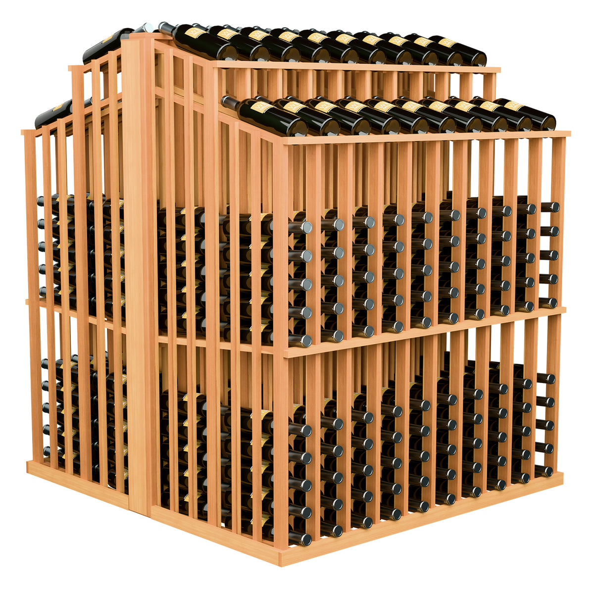 Light tan wine bottle display rack with front bottle holders and two rows of dark bottles