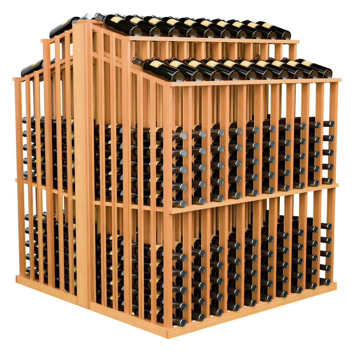 Light wood wine bottle display rack with front bottle holders and top bottles