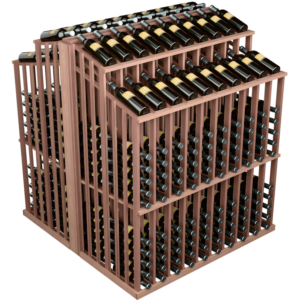 Wine bottle display rack in medium wood with front bottle holders and two top bottle rows