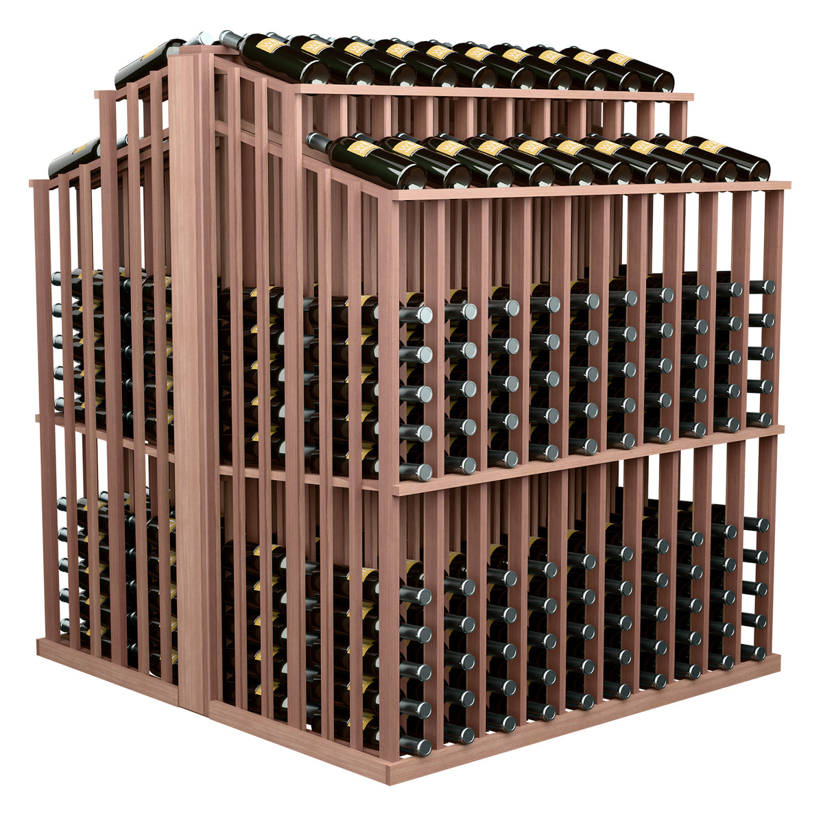 Wood wine bottle display rack with two tiers holding green bottles