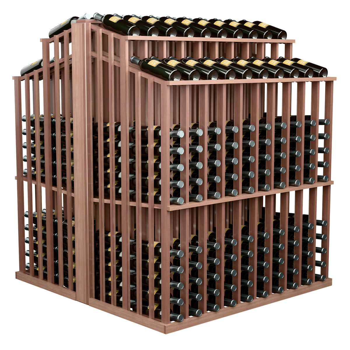 Medium brown wine bottle display rack with front bottle holders and top bottles