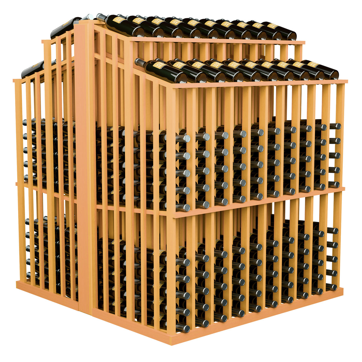 Wine bottle double aisle display with warm tan wood slats and bottle storage