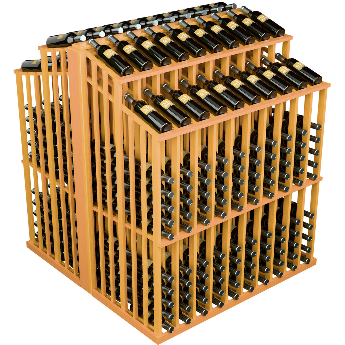 Natural wood wine bottle display rack with two tiers and front bottle slots