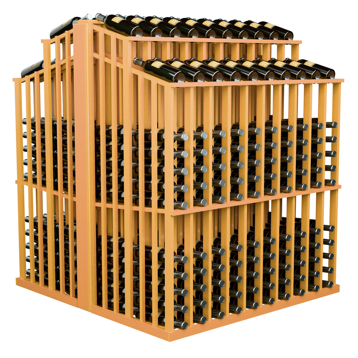 Natural wood wine bottle display rack with front bottle holders and top row