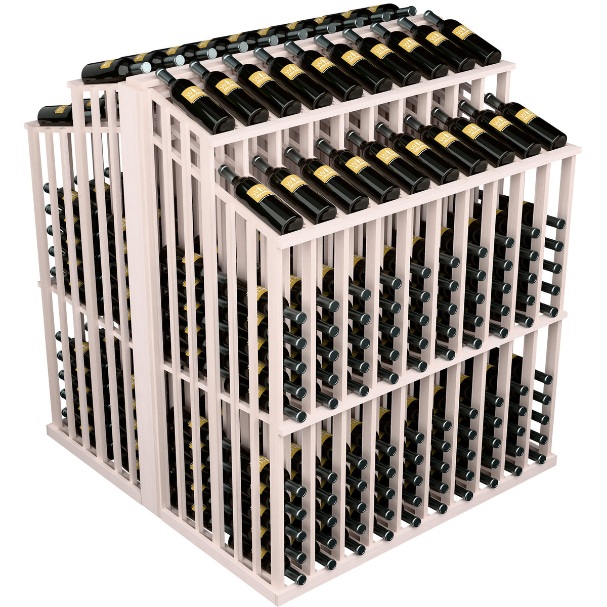 White-stained wine bottle aisle display rack with front bottle slots and two-tier bottle rows