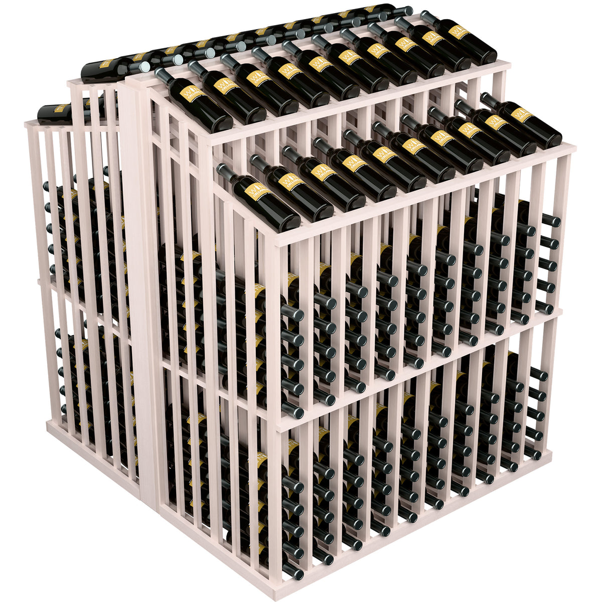 White wine bottle display rack with two top rows of bottles and front slots