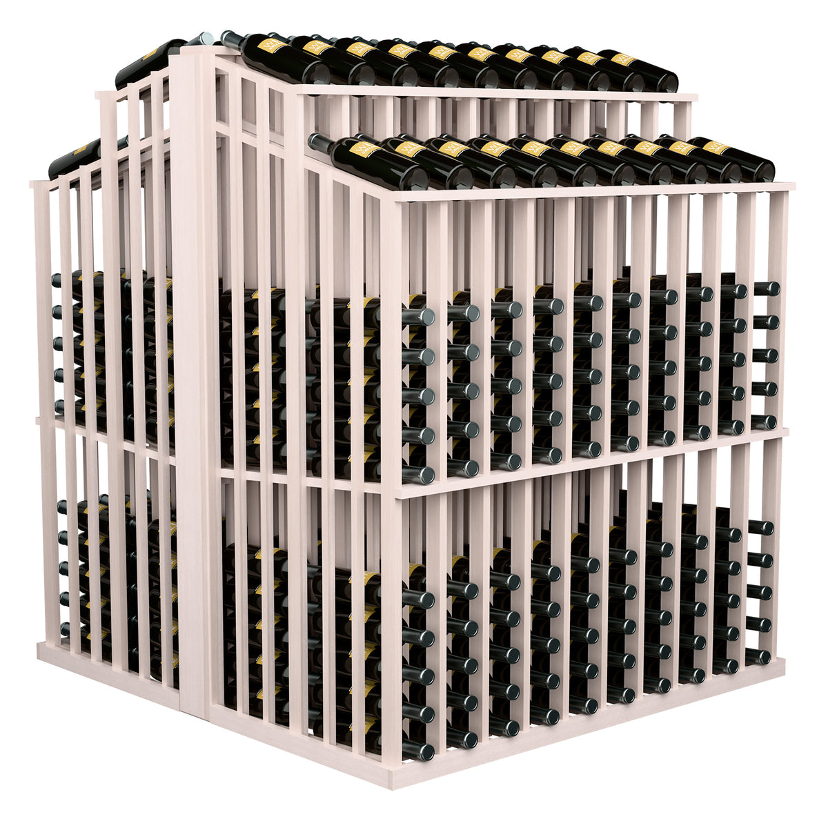 White wine bottle display rack with front bottle slots and top row of bottles