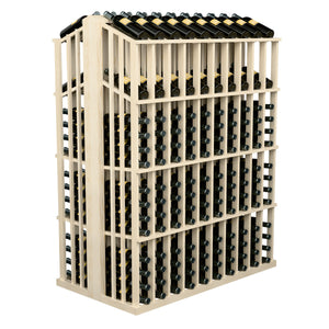 Wine bottle display rack with light wood slats, front grid of bottles, and top bottles