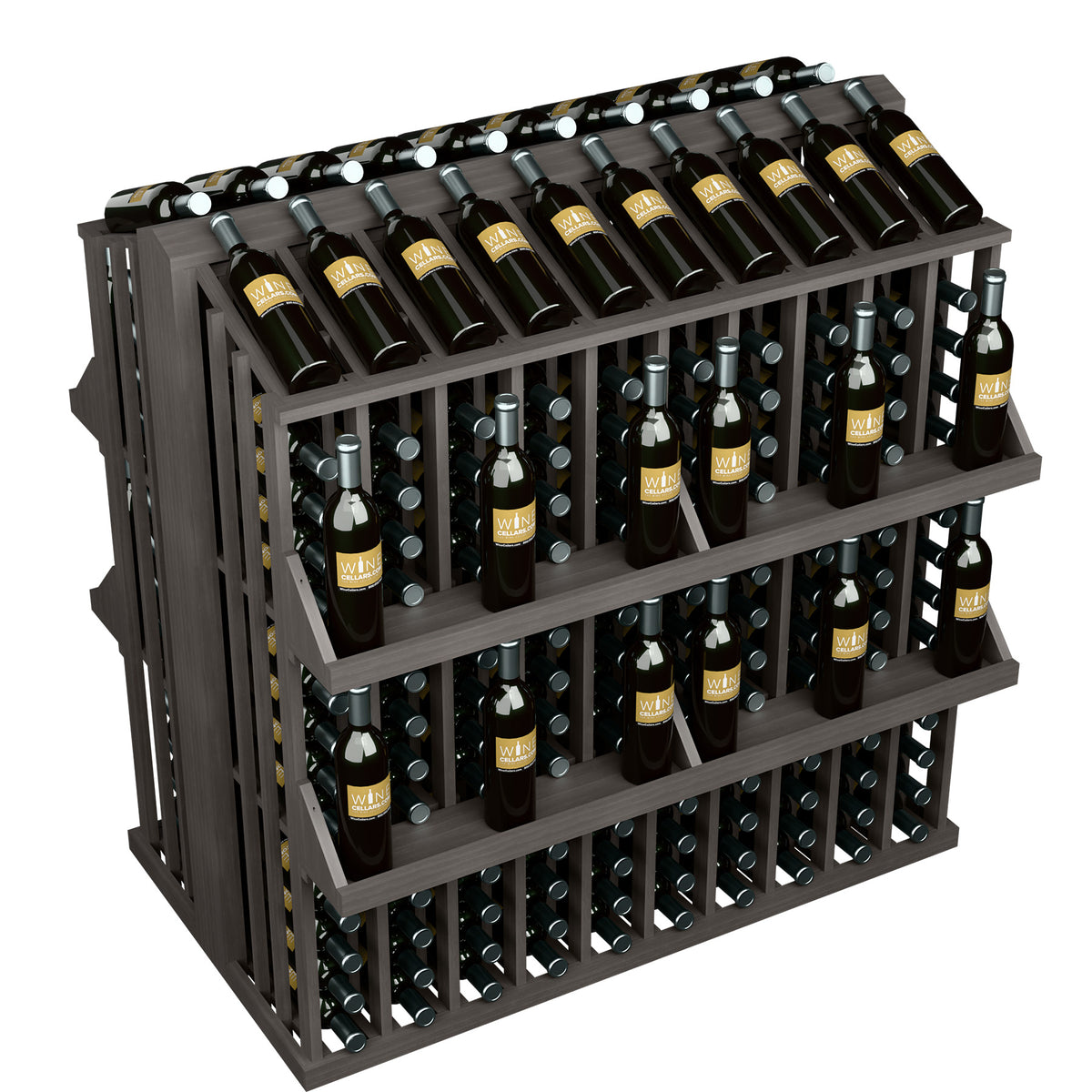 Dark brown 4-shelf wine bottle display rack with bottle holders and topped bottle rows