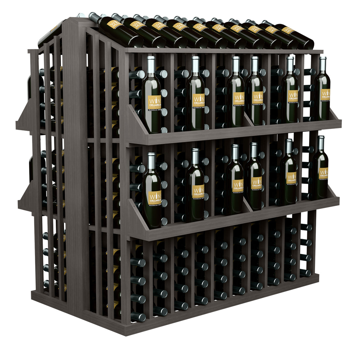 Commercial wine bottle display rack with four shelves, dark brown wood and bottle rows